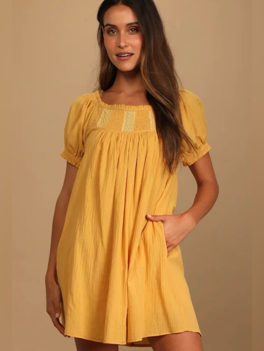 Lulus Mustard Yellow Short Puff Sleeve Babydoll Dress Size Medium